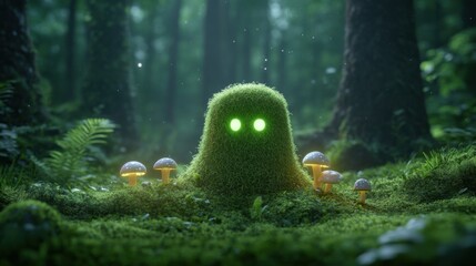 Enchanting forest spirit with glowing eyes surrounded by mushrooms in mystical woodland