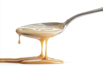 Condensed milk dripping fluidly from a silver spoon against a clean white background highlighting texture and consistency