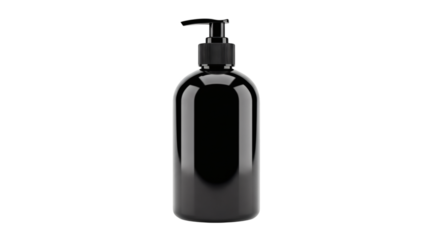 Sleek black dispenser bottle for hygiene, beauty products against a modern black background offering upscale presentation.