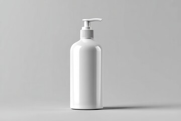 White plastic pump bottle positioned on a light gray background for skincare or personal care product use