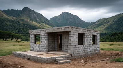 Cement block construction project progress rural landscape building site natural environment ground perspective developing structure