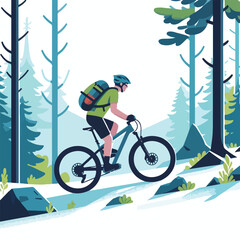 Fototapeta premium Mountain bike rider on a forest trail with a simple and minimalist flat design using a white background