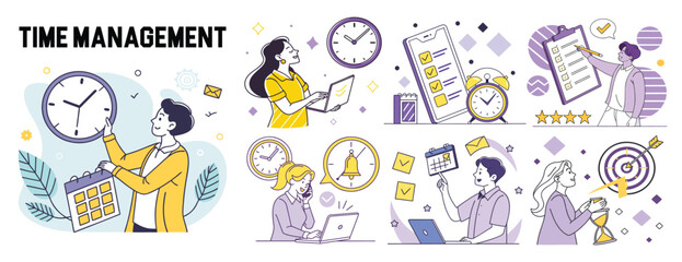 Time Management Illustrated Concept with Business People Icons and Productivity Tools for Efficient Workflow and Scheduling in a Modern Business Environment