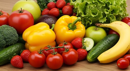 Fresh Assortment of Colorful Fruits and Vegetables on a Wooden Surface