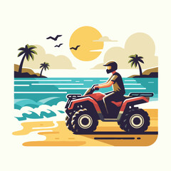 ATV rider on the beach with a simple and minimalist flat design using a white background