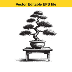 Artistic sketch of a bonsai tree in a pot on a wooden table, isolated on white background