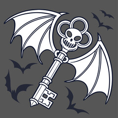 Black silhouette cartoon illustration of a witch, cat, and funny symbols for a Halloween vector art design