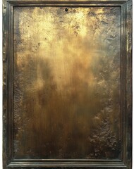 close-up of old worn metallic surface with rust and patina inside a rectangular frame showing texture and aging effects