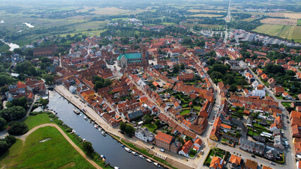Aerial panorama of the downtown of the city Ribe in Denmark on a sunny summer day.