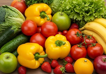 Fresh Assortment of Colorful Fruits and Vegetables on a Wooden Surface
