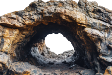 Cave entrance with rock formations surrounded by rugged terrain, showcasing natural beauty and geological wonders against a transparent background