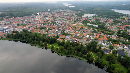 Aerial panoramic of the downtown of the city Silkeborg in Denmark on a sunny summer day.