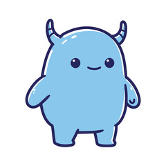 Cute blue cartoon monster smiling with horns and bubbly outline