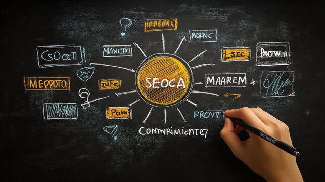 Hand writing a colorful mind map with a central circle labeled surrounded by connected boxes and question marks on a black chalkboard - Powered by Adobe