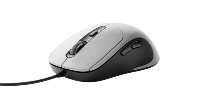 Ergonomic computer mouse with sleek black and white design isolated against plain background perfect for gaming