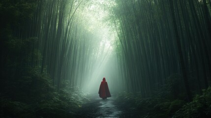 Enigmatic journey: red cloak wanderer in lush bamboo forest at dawn