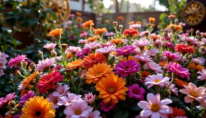 Vibrant Garden Bloom with Steampunk Gears and Gold Accents