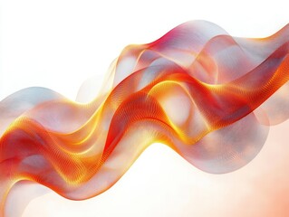 Abstract flowing wave of vibrant orange, red, and light blue translucent mesh creating dynamic and smooth curves on a white background