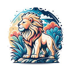 Fototapeta premium Lion illustration in a stylized colorful scene