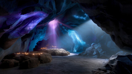 Mystical cave setting where blue and violet light radiates from the witch&rsquo;s palms into the person&rsquo;s chest, illuminating runes on the walls.