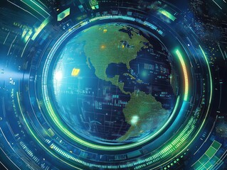 Digital futuristic globe surrounded by glowing circular data interface featuring North and South America in a high-tech cyber environment