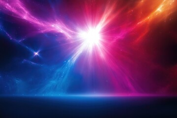 Fototapeta premium Vibrant cosmic scene with radiant bright star emitting pink, purple, blue, and orange light over dark horizon, evoking awe and vastness of space
