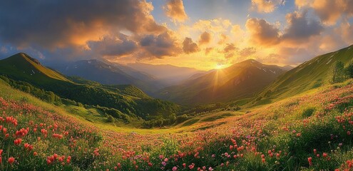 Sunset over a vibrant mountain valley filled with blooming wildflowers and lush green hills under a dramatic partly cloudy sky