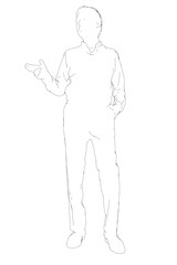 An elderly man stands with arms outstretched in a simple black contour silhouette against a clean white background.