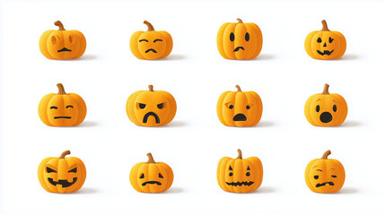 Pumpkin Emotion Collection: A grid of charming pumpkins, each carved with unique expressions, portraying the multifaceted spectrum of human feelings.