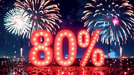 Bright neon 80% Off sign glowing with illuminated lights, surrounded by colorful fireworks in the night sky, representing massive shopping discounts, seasonal offers, and festive promotions. - Powered by Adobe