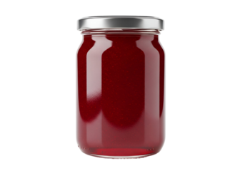 A  shot of a glass jar filled with a deep crimson fruit preserve,  against a solid black background.