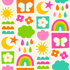 Cute colorful hand drawn natural elements seamless pattern background.