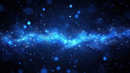Obraz premium Abstract glowing blue particle wave flowing across dark background with scattered light dots creating a cosmic or digital energy effect