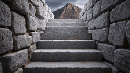 Building a staircase with cement blocks at an unfinished construction site in a rugged environment