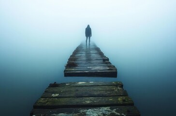 Silhouetted person standing on an old wooden pier disappearing into dense fog, evoking solitude and mystery