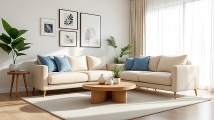 A bright living room with a sectional sofa, round coffee table, and botanical wall art decor design