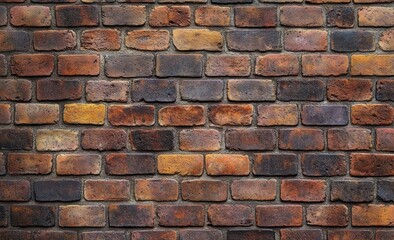 Obraz premium Close-up view of an old weathered brick wall with various shades of brown, orange, red, and dark purple bricks, showing rough texture and irregularities