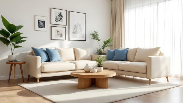 A bright living room with a sectional sofa, round coffee table, and botanical wall art decor design - Powered by Adobe