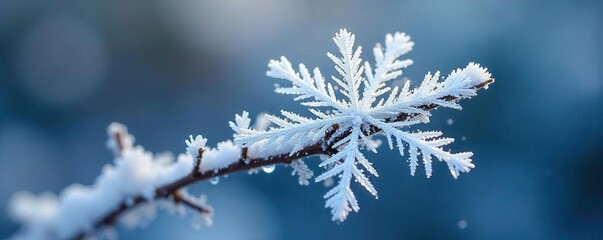 Close-up of intricate ice crystals forming a delicate snowflake on a frosty branch, winter wonderland scene , sparkling, abstract, ice