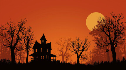 Fototapeta premium Spooky Silhouette: A chilling silhouette of a haunted house stands ominously against a vibrant sunset sky, creating an atmosphere of dread, fear, and suspense.