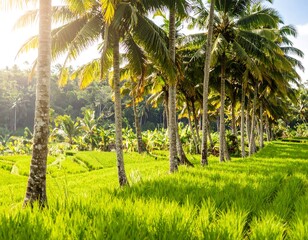 Fototapeta premium Lush green rice paddies lined with palm trees bathed in sunlight