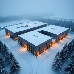 Aerial view of a sprawling data center complex during a heavy snowstorm, snow-covered roofs and ground creating a stark winter industrial scene.