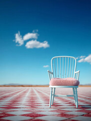 Blue chair with fluffy pink cushion centered on a red and white checkered floor under a clear blue sky. Clean symmetrical shot with modern pop visual direction.