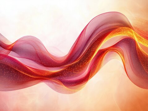 Abstract flowing waves of red and orange translucent fabric with glowing golden particles on a soft light background, evoking fluidity and warmth