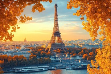Eiffel Tower in Paris at sunset framed by golden autumn leaves with city buildings and boats on the river below