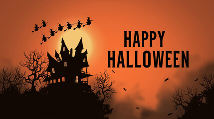 Happy Halloween: A spooky Halloween scene featuring a haunted house silhouette, bats flying, and witches on broomsticks against an orange sunset sky.