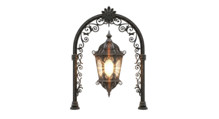 Ornate, vintage-style lantern suspended within a decorative wrought-iron archway, isolated.