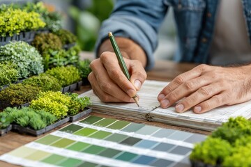 Person writing in a notebook, surrounded by plants and color swatches