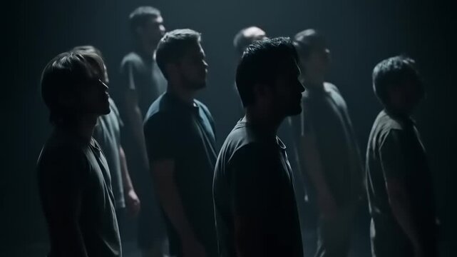 Group of men standing in shadowy lighting, creating a dramatic atmosphere in a studio