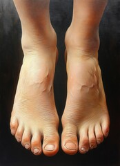 Fototapeta premium Close-up view of two bare feet with detailed skin texture and natural coloration against a dark background, showing toes and ankles with realistic lighting